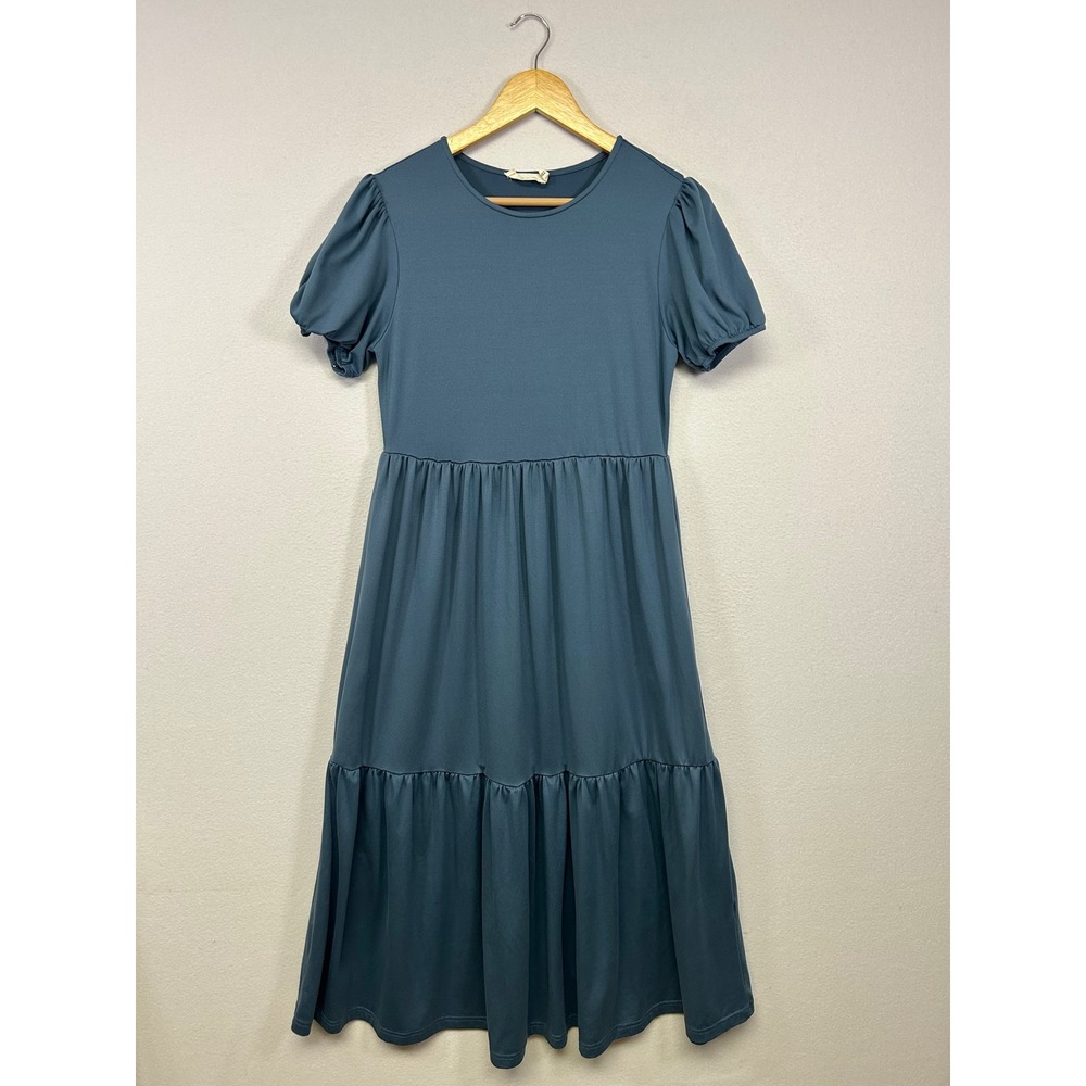 Cottagecore Leia n Co Women S Slate Blue Puff Sleeve Tiered Midi Babydoll Dress
